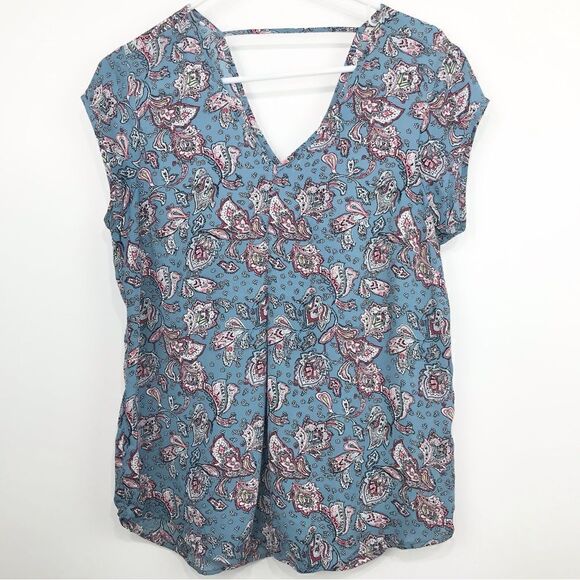 DR2 Blue Floral Paisley Flowing Cap Sleeve Blouse - Picture 1 of 13